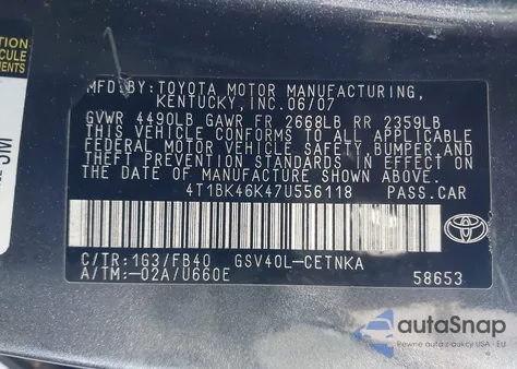 2007 Toyota Camry Le V6 from USA, damaged, VIN 4T1BK46K47U556118